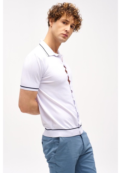 İgs Beyaz Slim Fit Dar Kalıp Düğmeli Polo Yaka Desenli Kısa Kollu Triko Tişört-16312