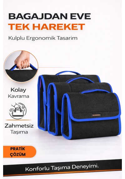 Oto Bagaj Organizer Bagaj Çantası 3'lü Kombo Boy Kaymaz Cırt Bantlı Velur Kompakt Düzenleyici - Vcx2