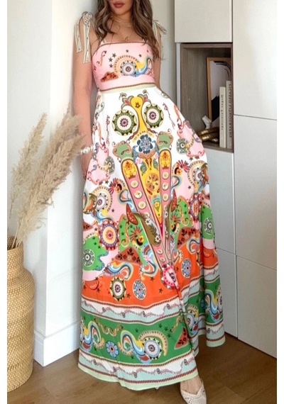 Asprinfashion Kadın İthal Mos Krep Dijital Baskılı Maxi Elbise Yeşil