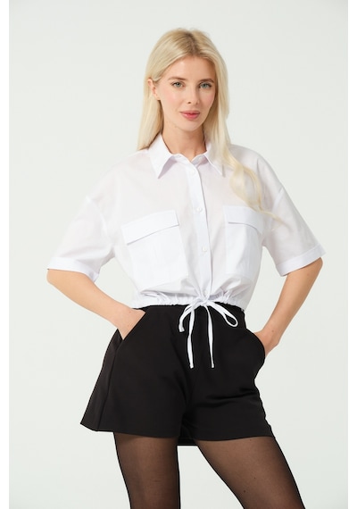 S'amore Clothing Bağcık Detay Crop Gömlek Beyaz Beyaz
