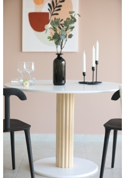 Naturalwood Ahşap Ayaklı Yuvarlak Yemek Masası, Modern Mat Beyaz Mdf Yemek Ma
