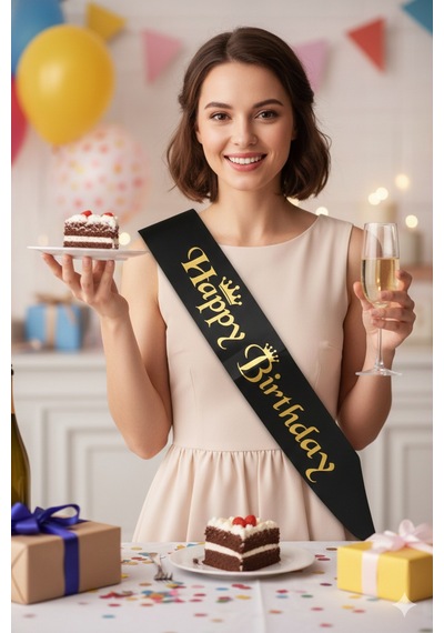 Happy Birthday Kuşak Saten Siyah Üzeri Altın Baskılı Doğum Günü Kuşağı Diğer