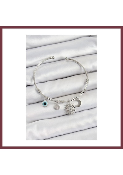 Storeşahin Pirinç Zirkon Taşlı Güneş Ay Ve Nazar Model Gümüş Renk Charm Bileklik Shn0720