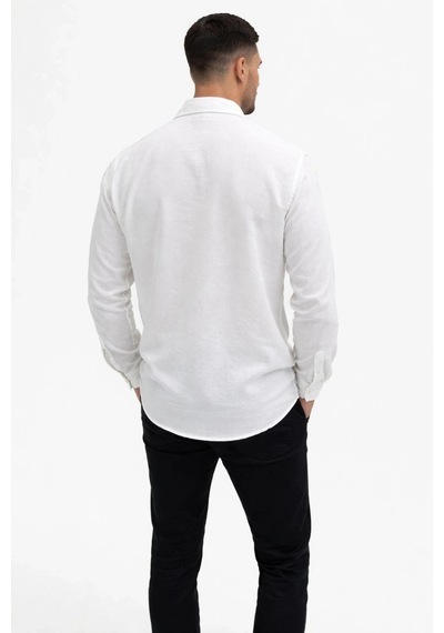 Erkek Keten Kumaş Oversize Uzun Kollu Rahat Kalıp Gömlek - Beyaz