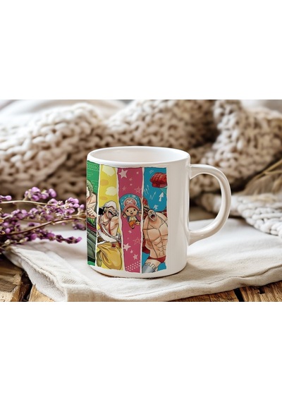 One Piece Karakterleri Kupa Bardak - Anime Ekip Tasarımı - Renkli Şerit Desenli Model Beyaz
