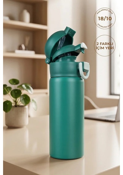 Paslanmaz Çelik Gövde Suluk & Matara 600 Ml Çift Kullanım Pipetli & Pipetsiz Yeşil - 917903500 Yeşil