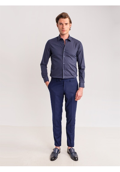Dufy Lacivert Erkek Ekstra Slim Fit Brent Yaka Uzun Kol Gömlek - 62471 Lacivert