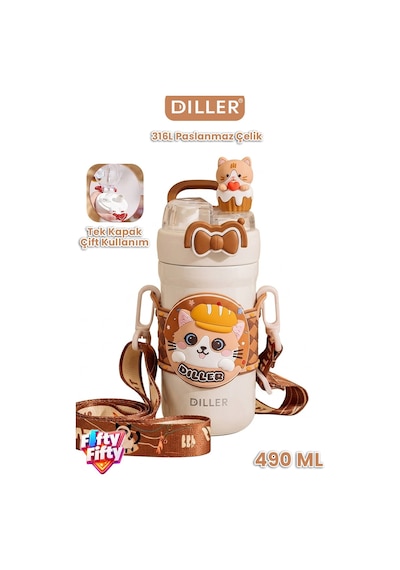 Dıller 490 Ml Tek Kapak Çift Kullanım Pipetli/pipetsiz Boyun Askılı Çelik Termos -ffdıllerd490ml Kahverengi