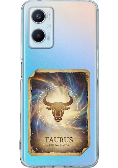 Oppo A96 İle Uyumlu Burç Kartları Boğa Tasarımlı Şeffaf Silikon Kılıf Şeffaf