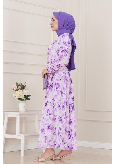 Sevitli Yarım Düğmeli Lotus Elbise-mor-5246 Mor