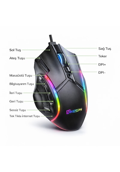 Mikespn X15 Rgb Gaming Mouse 12 Tuşlu 12800 Dpı Makrolu Oyuncu Mouse Siyah X15