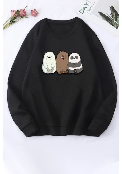 Unisex Kafadar Ayılar Baskılı Bisiklet Yaka Sweatshirt Siyah