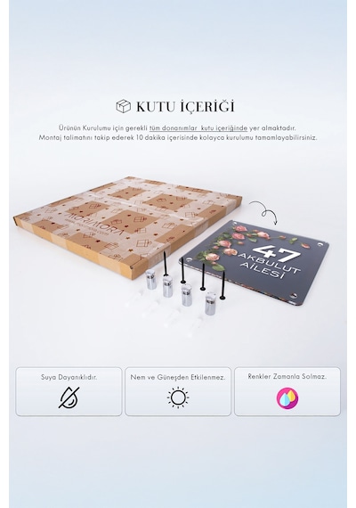 Kişiye Özel Pembe Gül Dallı Kapı İsimliği Siyah