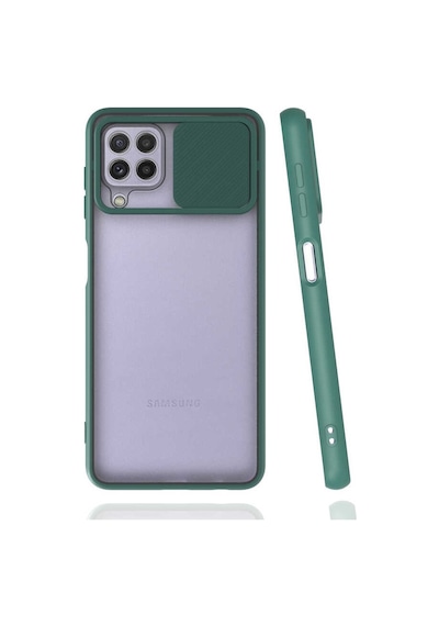 Kilifone - Samsung Uyumlu Galaxy M32 - Kılıf Slayt Sürgülü Arkası Buzlu Lensi Kapak - Koyu Yeşil