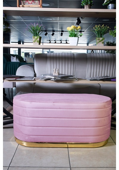 Lungo Long Line Pembe Puf- 90cm Gold Kaplama Kapitoneli Luxery Pofuduk Oturma Pufu&Makyaj Puff&Bench