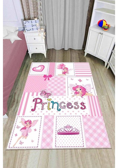 Pembe Kaymaz Tabanlı Yıkanır Prensesli Çocuk Halısı Ar775n11