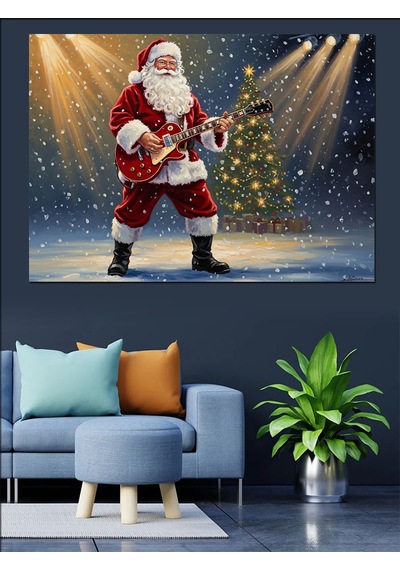 Gitar Çalan Noel Baba Figürü Dekoratif Kanvas - Mdf Ahşap Tablo