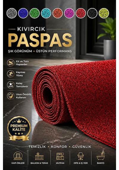 Kıvırcık Plastik Paspas Kaymaz Taban Kapı Önü Ve Zemin Halısı Kırmızı