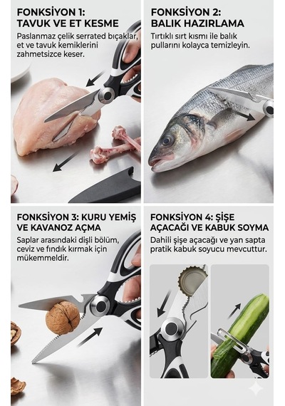 4'ü 1 Arada Çok Amaçlı Mutfak Makası, Paslanmaz Çelik, 20 Cm, Kırıcı, Açacak, Kesici, Plastik Kılıf Kapak