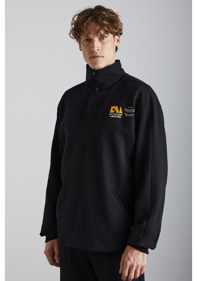 Grımelange Galıcıa Erkek Diagonel Kumaşlı Dik Yakalı Çıtçıt Kapamalı Baskılı Siyah Sweatshirt