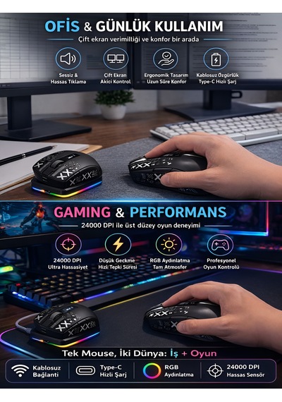 Kablosuz Oyuncu Mouse 24000 Dpı 1000hz Rgb Şarj İstasyonlu Dijital Göstergeli Gaming Mouse Siyah