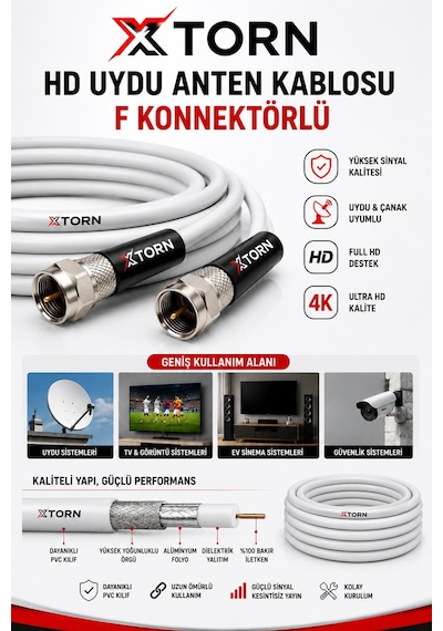 Torn Hd Uydu Anten Kablosu 15 Metre F Konnektörlü Full Hd 4k Tv Kablosu