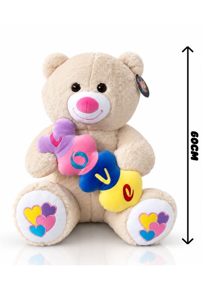 Renkli Kalpli Ayıcık Peluş Oyuncak Ayıcık 60cm - Hediyelik Peluş Oyuncak Açık Kahverengi
