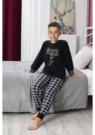 Yeni Sezon Sonbahar/kış Erkek Çocuk Skate Desenli Polar Pijama Takımı 4515-siyah Siyah