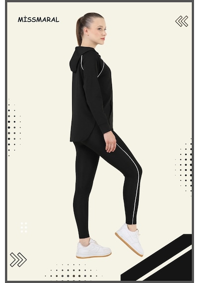 Kadın Eşofman Takım Siyah Üst Tunik & Siyah Regular Fit Lycralı Tayt Dalgıç Kumaş Aktif Spor 3060 Siyah Beyaz Şeritli