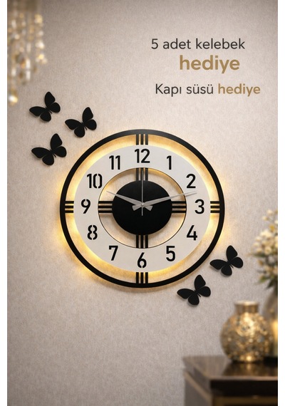 Pey Aksesuar Işıklı Ahşap Duvar Saati 48 Cm Dekoratif Modern Tasarım Beyaz
