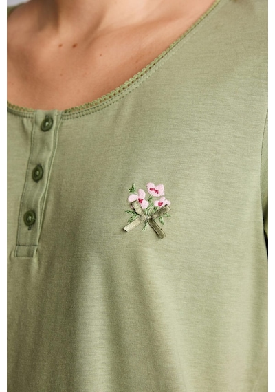 Defacto %100 Pamuk Regular Fit Kısa Kollu İşlemeli Üst Çiçekli Geniş Paça Alt 2li Pijama Takım I6408ax26aukh461 Haki-kh461