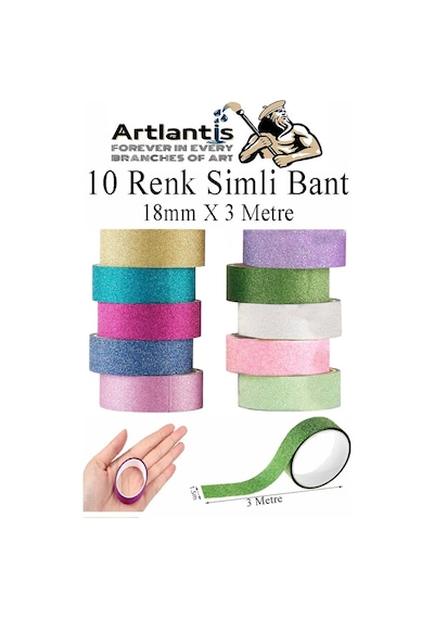 Renkli Simli Bant 10 Adet 1 Paket 10 Lu Simli Holgramlı Metalik Hobi Işıltılı Bantı Hediye Dekoratif 10 Rulo