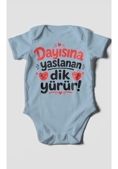 Morivokids Dayısına Yaslanan Dik Yürür Kısa Kollu Bebek Body %100 Pamuk Zbn254-kk Bebe Mavisi