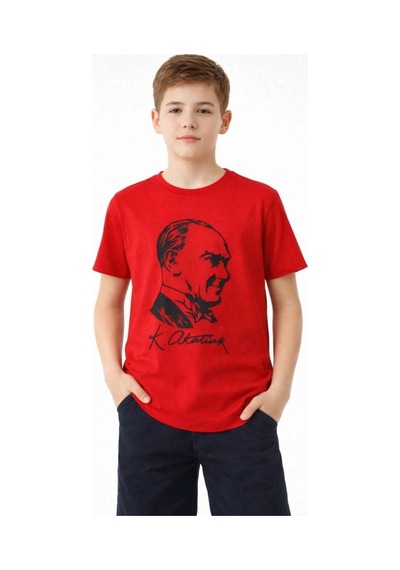 Vinevesta Erkek Çocuk Atatürk Baskılı Tişört Kısa Kollu Bisiklet Yaka T-shirt - Kırmızı Çok Renkli
