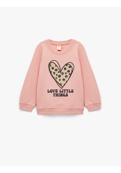Koton Pamuklu Uzun Kollu Bisiklet Yaka Kalp Baskılı Sweatshirt Pembe 6wmg10066ak Gül