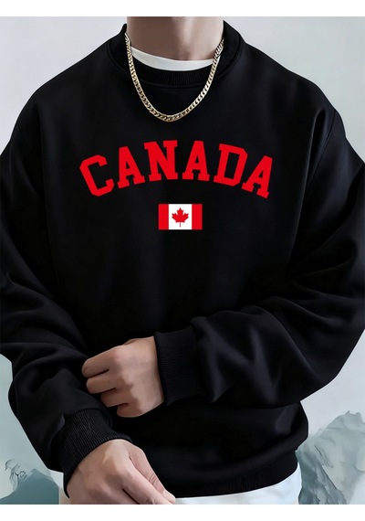 Startmore Startmorekanada Baskılı Bayraklı Erkek Kapüşonlu Üstleri Sonbahar Bol Sweatshirt Hip Hop Yuvarlak Yaka Siyah