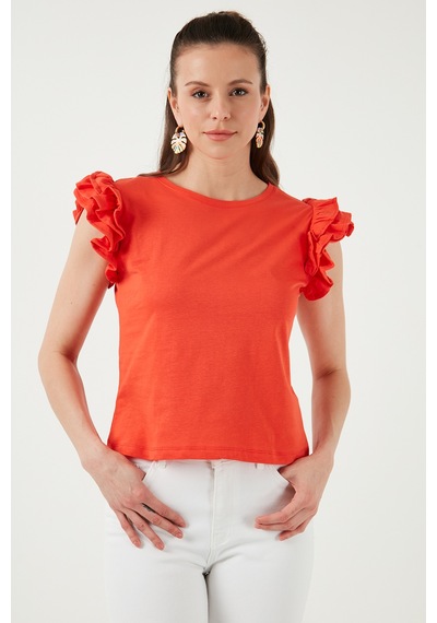 Lela Pamuklu Kolları Fırfırlı Slim Fit Bisiklet Yaka Bayan T Shirt 5864500 Nar Çiçeği