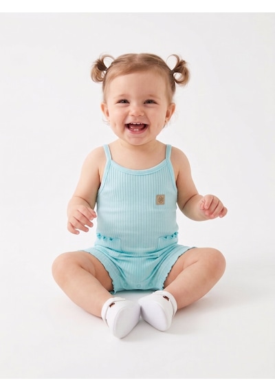 HelloBaby Pamuklu İp Askılı Cep Detaylı Kız Bebek Tulum Mavi