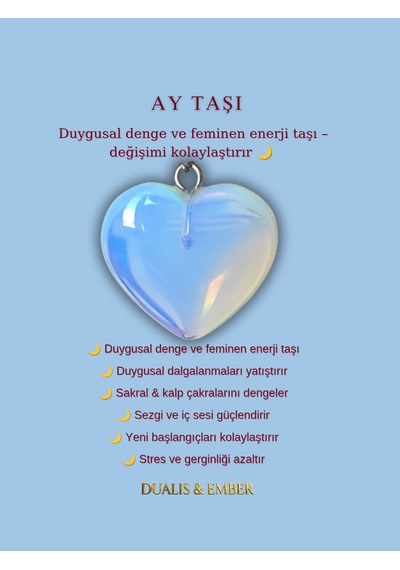 Doğal Taş - Ay Taşı Kalp Kolye Açık Mavi