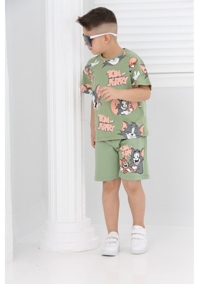 Veramoni Unisex Tom&jery Baskılı Kısa Kollu Şortlu İkili Takım Yeşil
