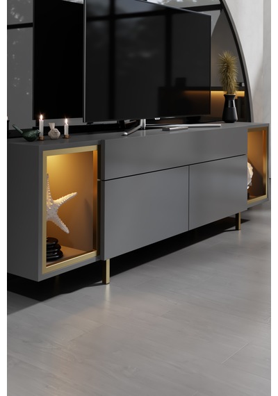 Zenith Gold Demir Ayaklı Rgb Led Işık Sistemli Antrasit Tv Ünitesi Tv Sehpası Antrasit - Altın