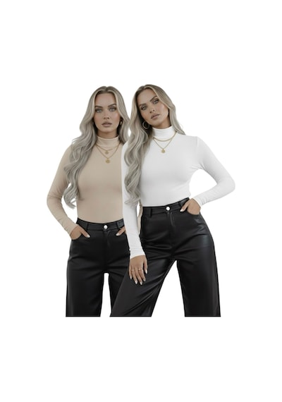 Hashtag Kadın Balıkçı Yaka Uzun Kollu Body 2'li Set Viskon Kumaş Beyaz Bej