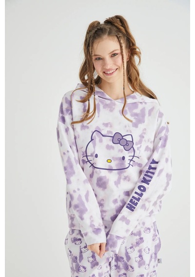 Hello Kitty Lisanslı Batik Kapüşonlu Sweatshirt Pijama Üstü Renkli