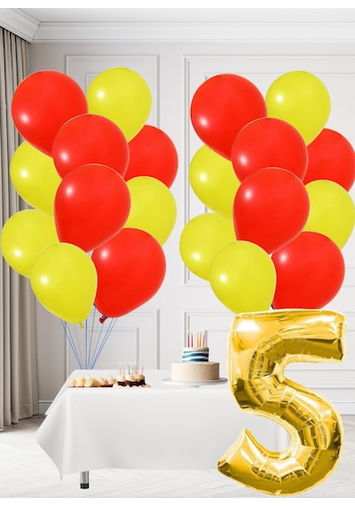 5 Yaş Sarı Kırmızı Taraftar Temalı Doğum Günü Seti Sarı Kırmızı Balonlar Altın Folyo Rakam Sarı