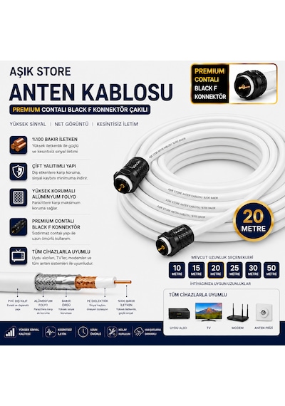 20 Metre Premium Anten Kablosu %100 Bakır İç İletken Contalı Black F Konnektör Çakılı Koaksiyel Tv Uydu Kablosu