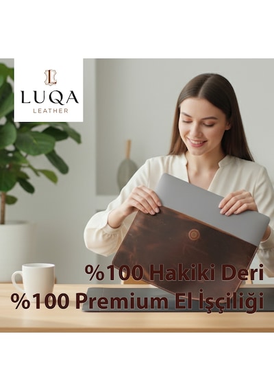 Vintage Hakiki Deri Laptop Çantası 14 İnç Uyumlu El Yapımı Macbook Kılıfı Açık Kahve
