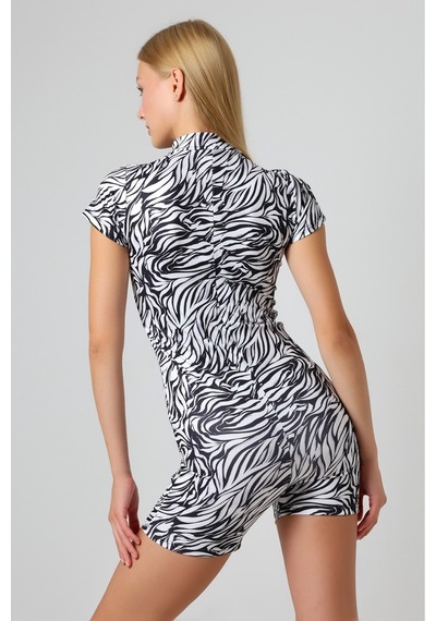 Winmoda34 Kadın Deniz Tulumu Desenli Kısa Kollu Önden Fermuar Detaylı Zebra-siyah-beyaz