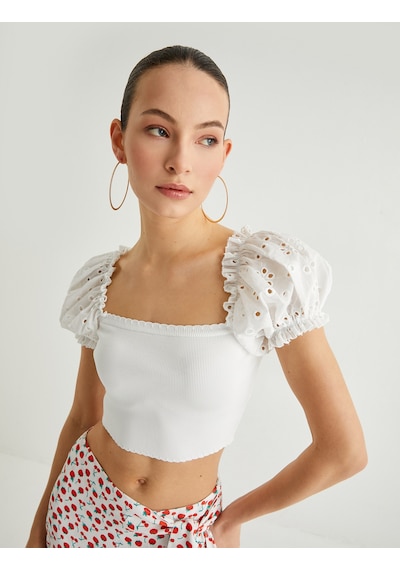 Koton Fisto Balon Kol Crop Bluz Beyaz 4sak30112ht Beyaz
