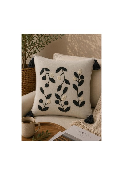 Punch Nakışlı Kırlent Kılıfı 45x45 Cm Kırlangıç Home Çapa Çiçek Desenli Füme