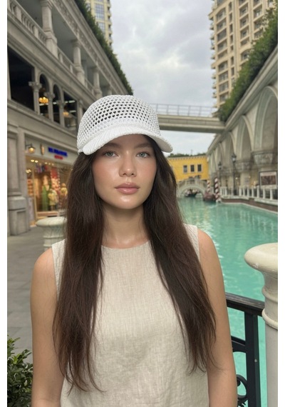 Mollycrush Simli Ajurlu Kep Şapka Günlük Yazlık Tarz Beyaz Kadın Delikli Triko Beyaz